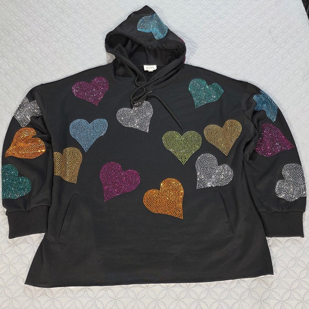 BiBi Black Rhinestone Heart Oversized Hoodie Sweatshirt Multi Color Bling Large